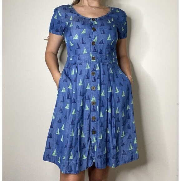 Porridge Anthropologie Blue Sailboat Short Sleeve Button Mini Dress Size 6 - Picture 1 of 10